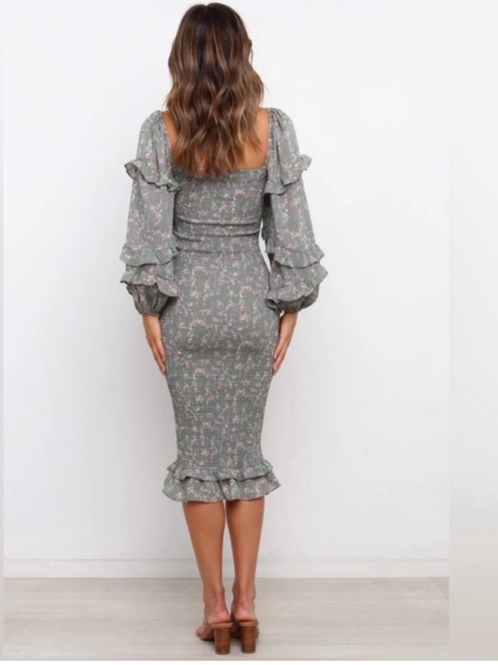 Petal & Pup Sage Green Floral Midi Dress with Puff Sleeves - Picture 2 of 12